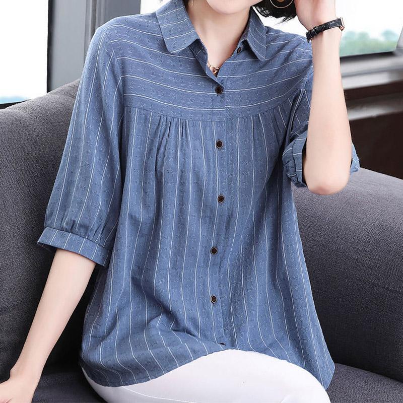 Casual Fashion Elegant Solid Color Striped Printed Button Shirt Summer New Polo-Neck Half Sleeve Loose Tops Ladies Clothing