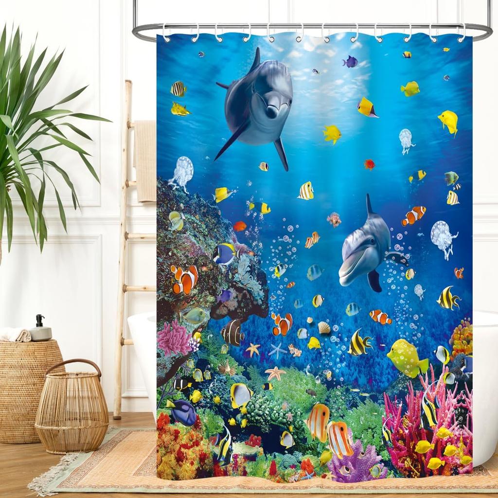 Ocean Underwater World Shower Curtain Colorful Tropical Fishes Turtle Coral in The Deep Sea Home Décor Waterproof Fabric Blue