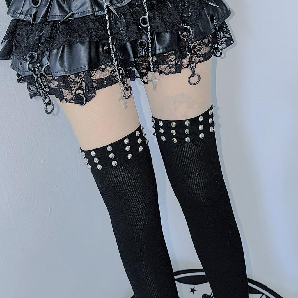 Fashionable Punk Elastic Black Knee High Spike Rivet Decoration Border Subculture Y2K Streetwear Knee High Socks Long Tube Socks