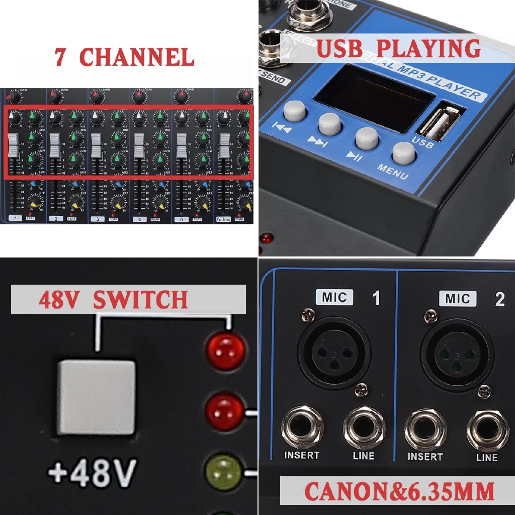 מיקסר אודיו נייד 7 ערוצים בלוטות' עם USB קונסולת מיקסר סאונד DJ שקע MP3 מגבר קריוקי קריוקי KTV התאמה 33x23x4 ס"מ