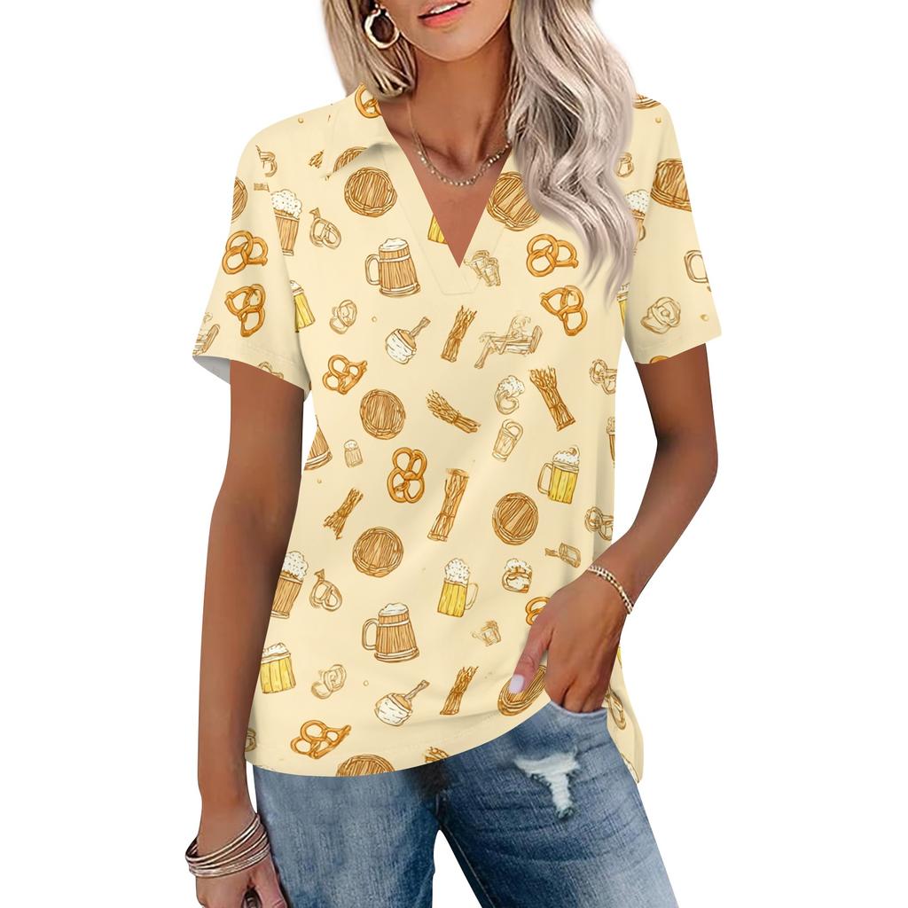 Women Casual V Neck Short Sleeve Oktoberfest Print Polo Shirt Lightweight Soft Fabric Relaxed Fit Summer Top