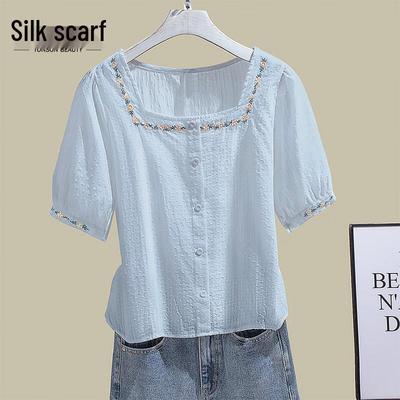 Women's Embroidered Square Collar Cotton Blouse