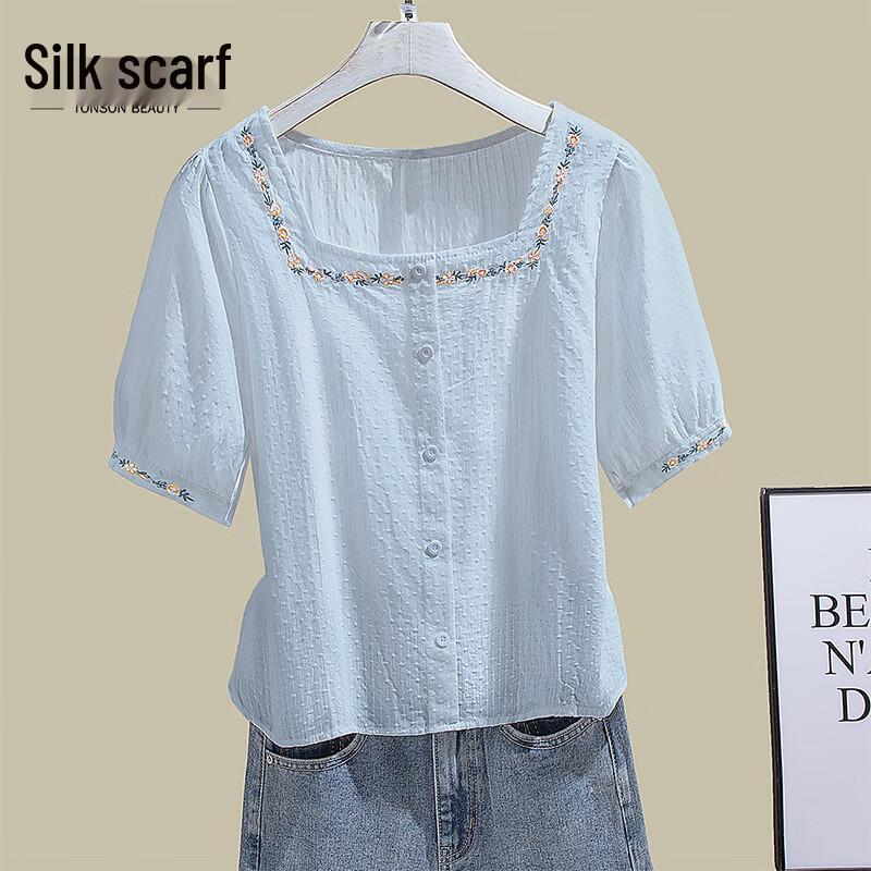 Women s Embroidered Square Collar Cotton Blouse M