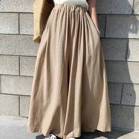 Women Pants Solid Color Side Pockets Temperament Elastic Waist Wide Leg Trousers Streetwear