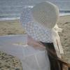 Wide-Brim Lace Flower Straw Hat - Women's Summer Sunshade with UV Protection & Strap