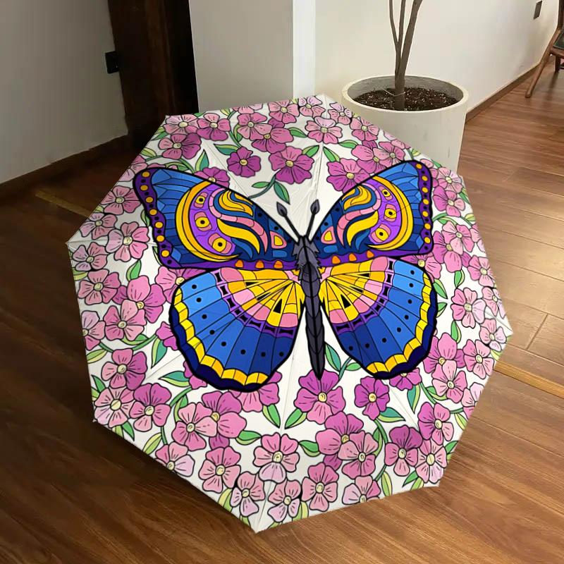 Colorful Butterfly Floral Pattern Automatic Opening/Closing Umbrella with Convenient Three-Fold Design, 8-Bone Iron Frame Outdoor Umbrella,