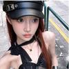 Black PU Leather Newsboy Cap for Women British Style Trendy Flat Visor Outdoor Sun Protection Hat