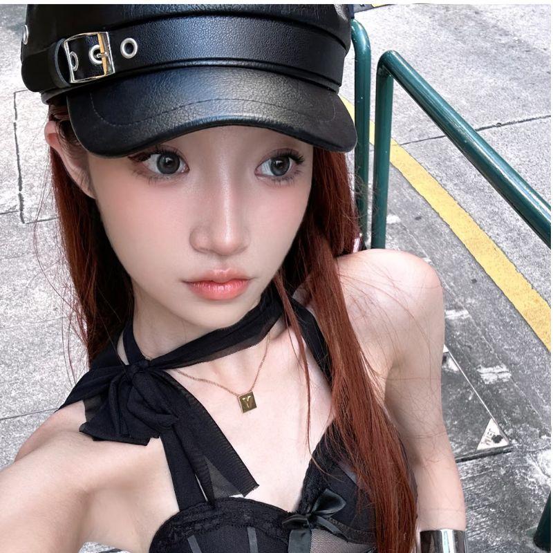 Black PU Leather Newsboy Cap for Women British Style Trendy Flat Visor Outdoor Sun Protection Hat