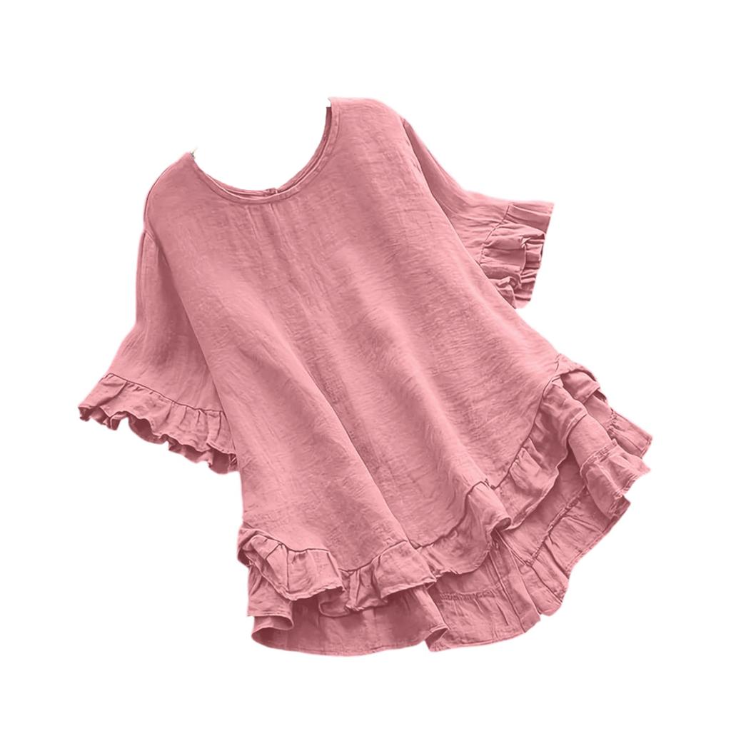 Women's Casual Loose Color Ruffled Hem Round Neck Short Sleeve Button Top