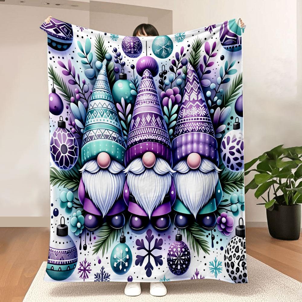 Christmas Gnome Blanket - Whimsical Festive Gnomes with White Beards & Pink Noses, Ornate Teal/Purple Ornaments, Evergreen Sprig 75X95CM