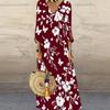 Women Plus Size V Neck Three Quarter Sleeve Black Yellow Floral Printed Long Dress