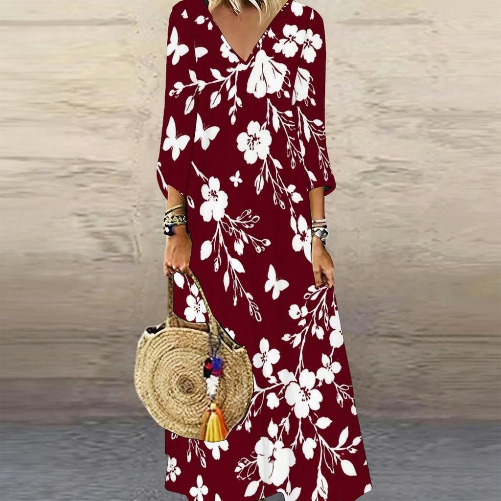 Women Plus Size V Neck Three Quarter Sleeve Black Yellow Floral Printed Long Dress