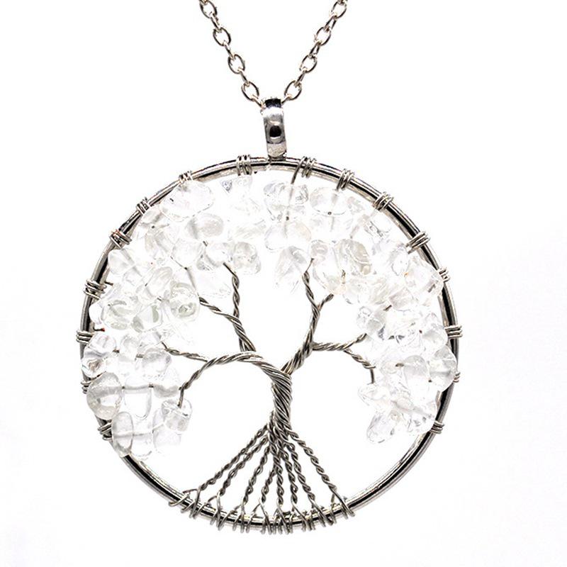 7-Color Natural Crystal Tree of Life Pendant Necklace - Handmade Wire-Wrapped Ornament.