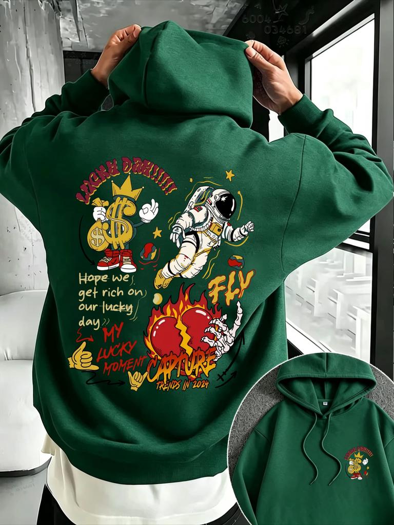 American-style Street Astronaut Graffiti Double-sided Printed Hooded Oversized Loose-shoulder Long-sleeved T-shirt for Couples