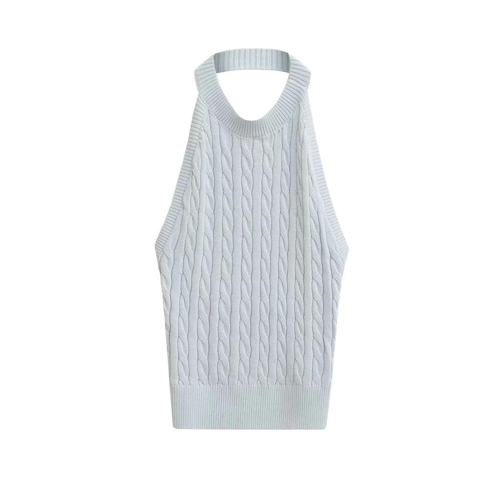 Spicy Retro Cable Knit Halter Backless Tank - Women's Autumn/Winter Slim Fit Sleeveless Top