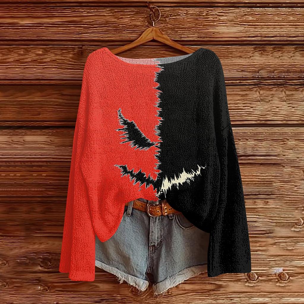 Women's Long Sleeve Halloween Print Crewneck Knit Pullover Sweater for Casual Daily Wear