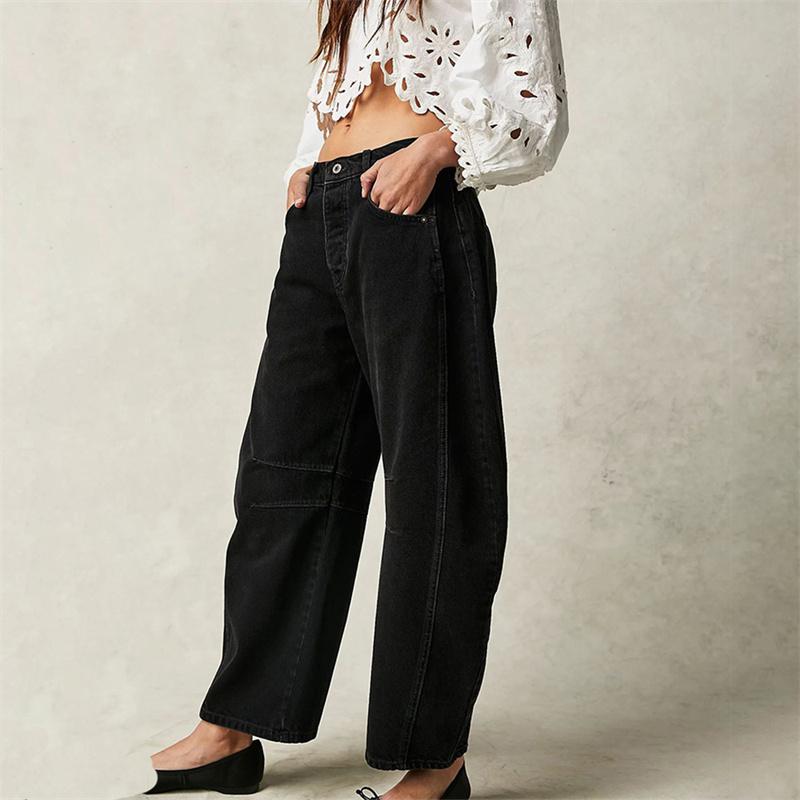 Women Vintage American Style Denim Jeans Knee Splicing Design Straight Pants Female Commuter Casual Loose Mid Waist Trousers