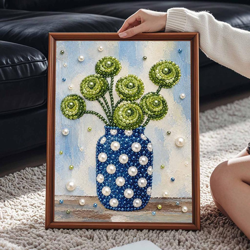 Elegant Framed Pearl Art DIY Set with Green Flower Vase 5D Sparkling Bead Canvas Painting Ready to Display Romantic Home Decor Gift