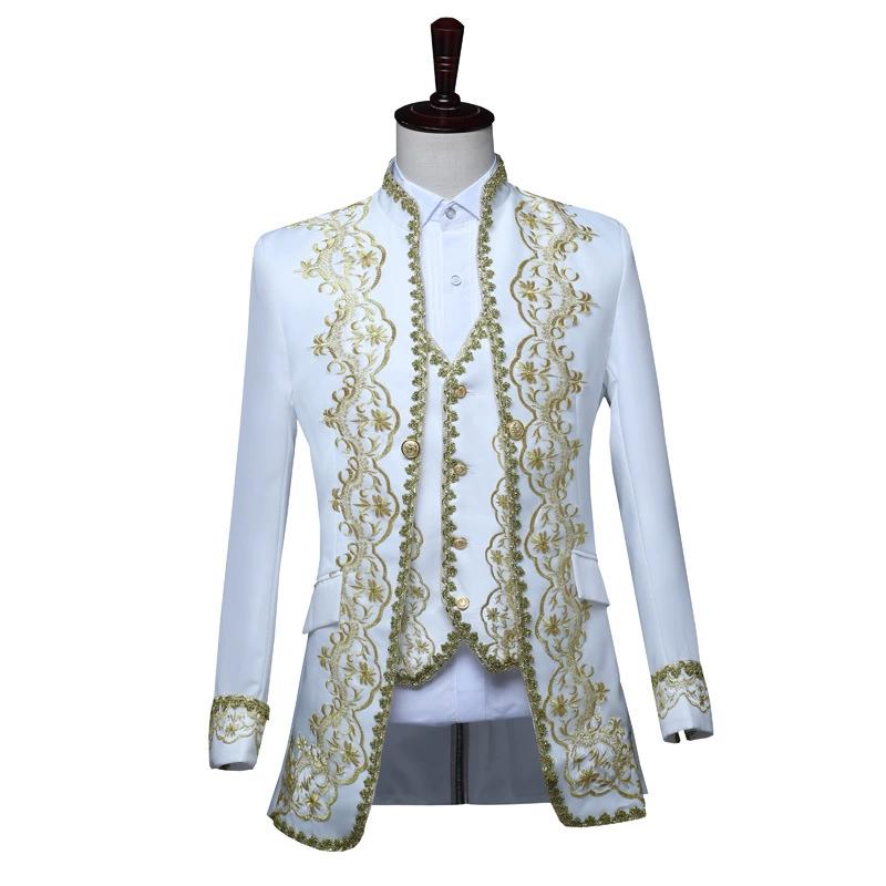 European Gold-encrusted Vintage Court Tuxedo Men's Stand-up Collar Embroidered Suit Three-piece Set Opera House Stage Costumes