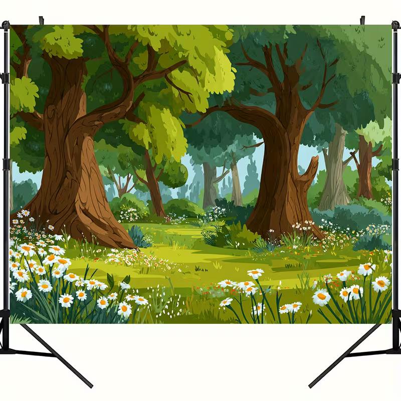2D Cartoon Woodland Backdrop, Green Daisy Meadow Background for Baby Shower Decor