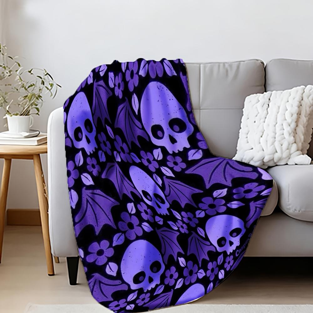 1pc Gothic Purple Pink Black Skull & Bat Wing Flannel Blanket - 280gsm Heavyweight Soft Bedspread, All-Season Beige-Friendly Bed