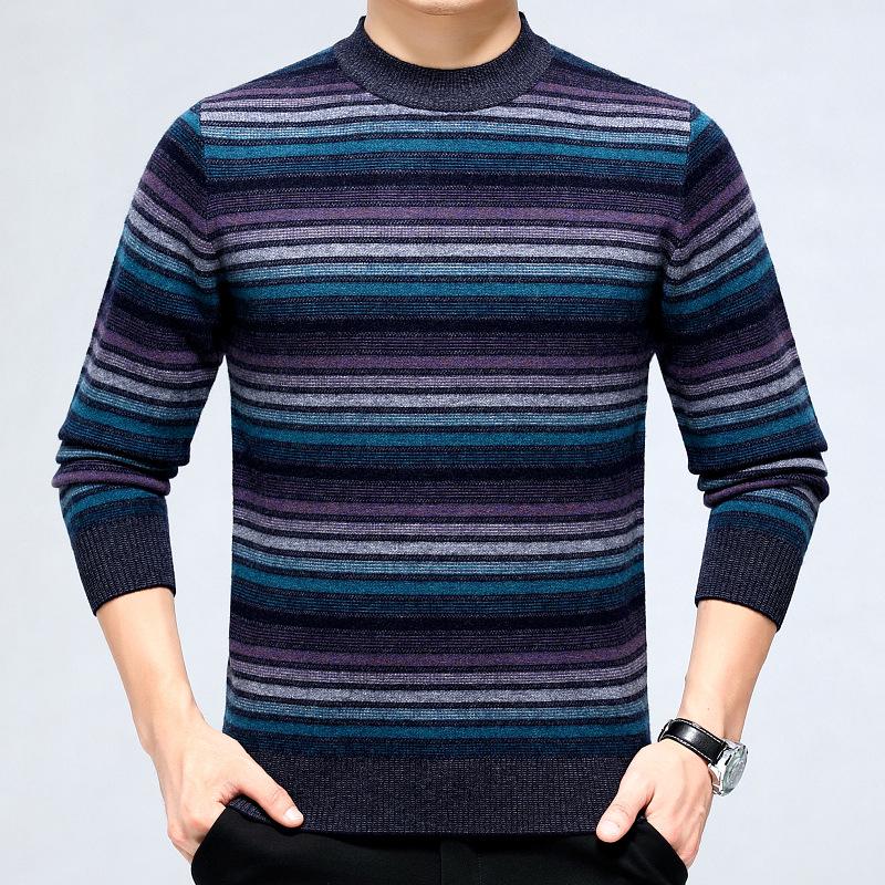 Men's Winter Thick Cashmere Sweater - Round Neck Business Casual Striped Merino Wool Knitwear.