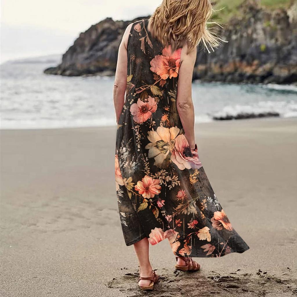Women's Casual Comfortable Floral Print Sleeveless Cotton Pocket Dress
