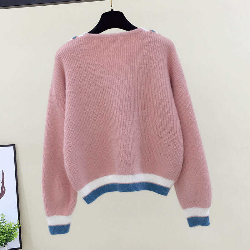 Sweater Women's Lace V-neck Pullover Winter Loose and Versatile Short Knitted Sweater Top