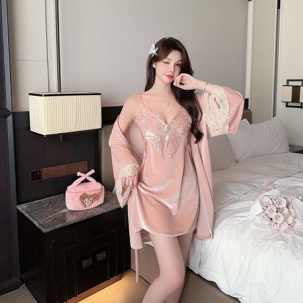 Sexy pajamas women's golden velvet with chest pad suspender nightgown nightgown ironing silver starry sky Korean velvet loungewear available