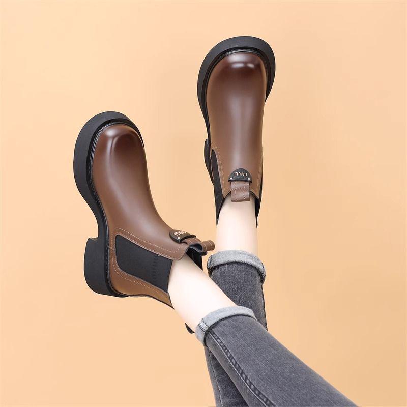 

Женские ботинки челси из натуральной кожи на флисовой подкладке - Толстая подошва, Прилегающий силуэт, Коллекция Осень/Зима 2025, Ботинки Мартин маленького размера 37