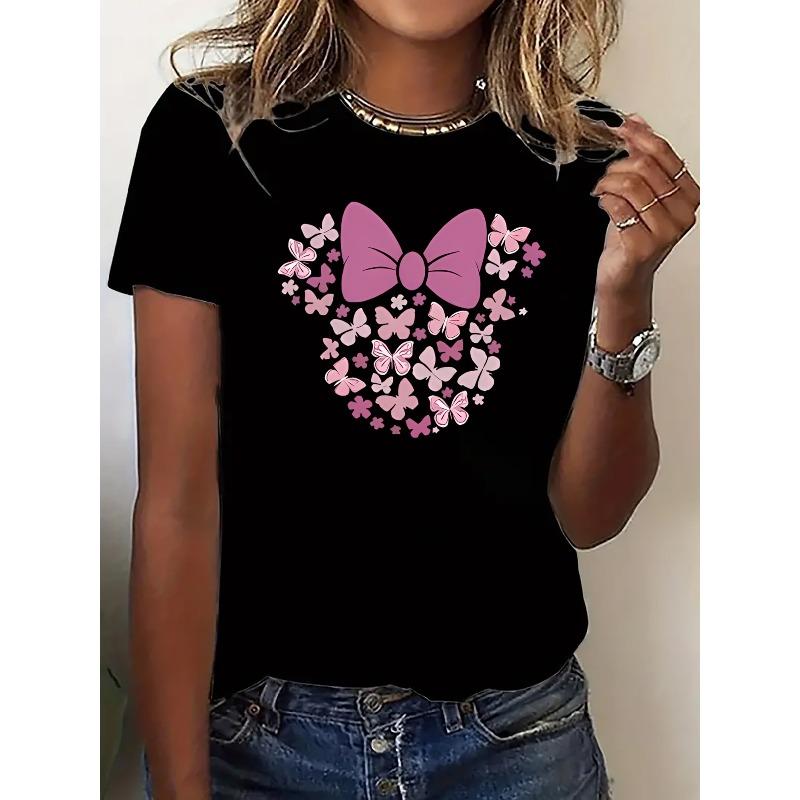 

European Size Fashionable Women S Sports Short Sleeve T-Shirt | Pink Bow and Butterfly Print, Comfortable Casual Crew Neck, Suitable for All Seasons 4XL