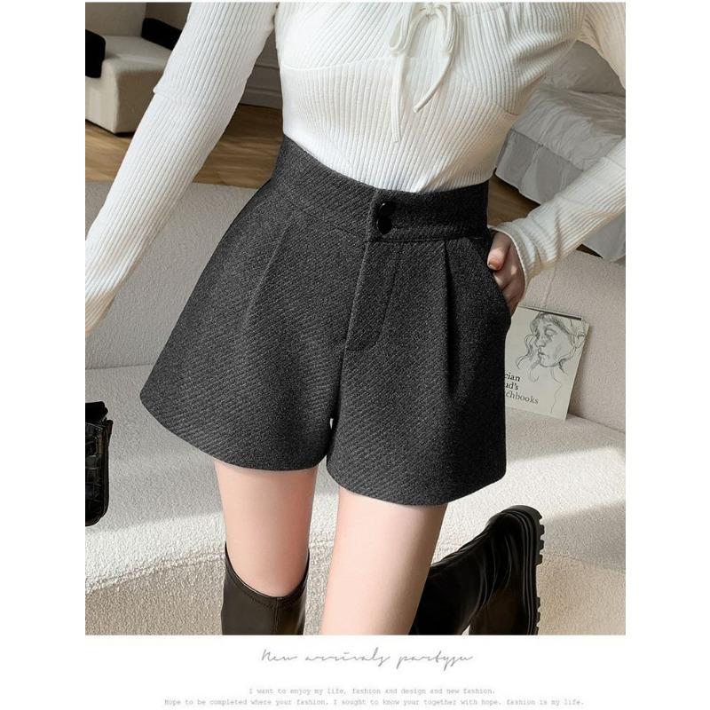 Høst Vinter Høy Midje Temperament Ullstoff Vide Ben Shorts Kvinner Casual Allsidige Korte Bukser
