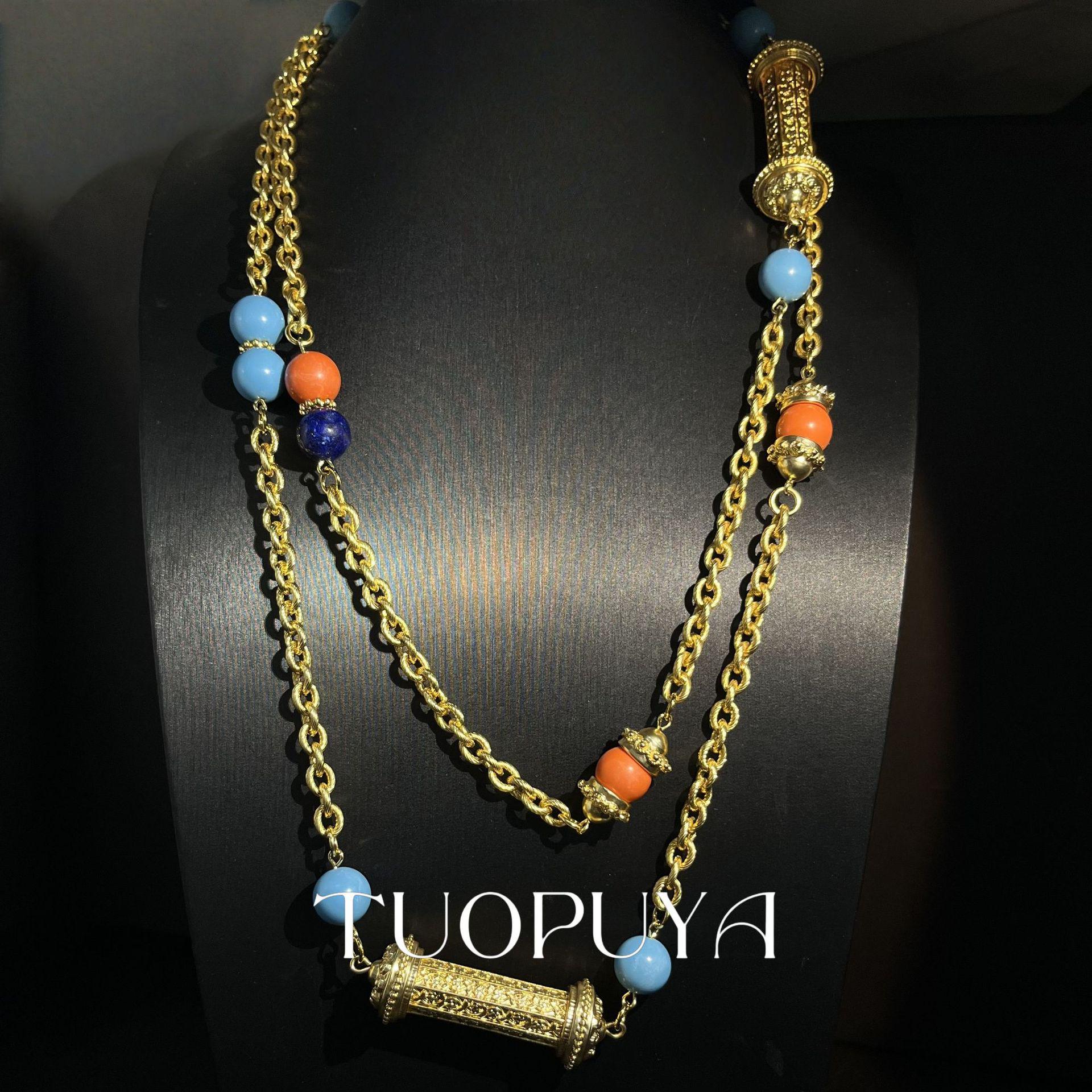 Retro Ethnic Gold-Plated Colorful Pendant Earrings & Long Necklace Set