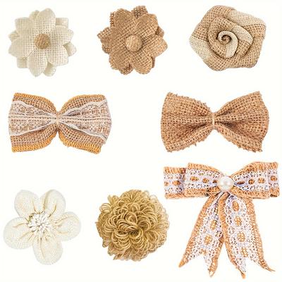8 peças de flores de serapilheira de juta para artesanato, conjunto de arco de flores de serapilheira rústica artesanal natural.