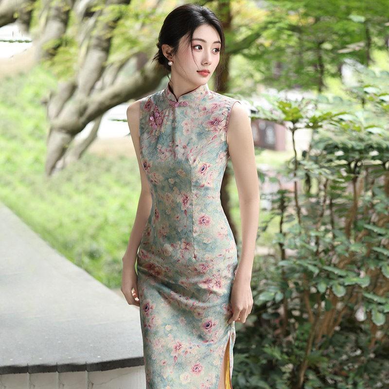 Long Sleeveless Cheongsam Dress Women 2026 Modern Chinese Style Daily Wear Vintage Elegant Fit