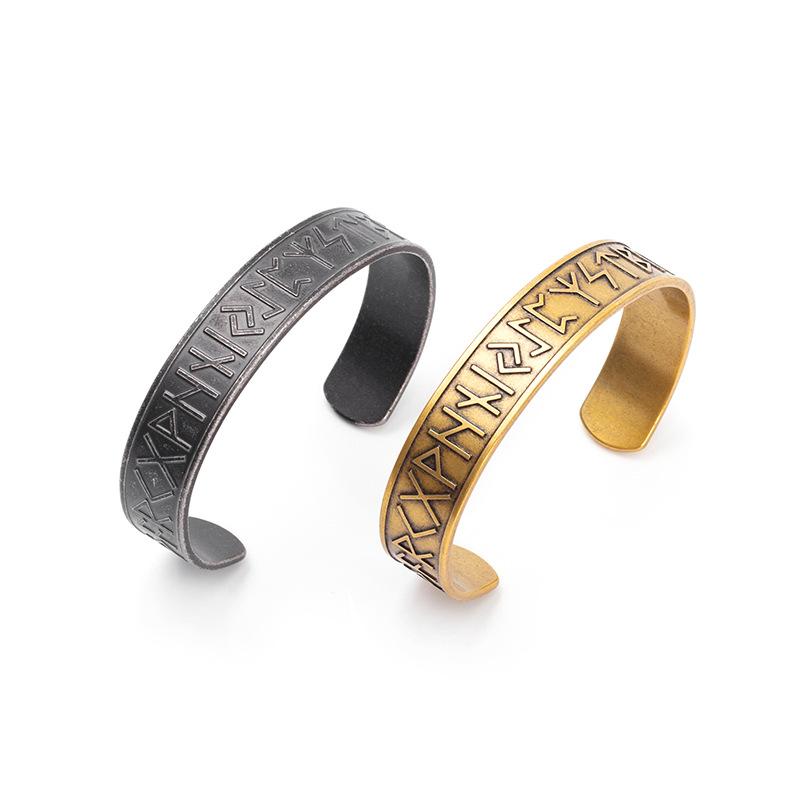 Vintage Rune Titanium Steel Men's Open Cuff Bracelet Bold Bangle