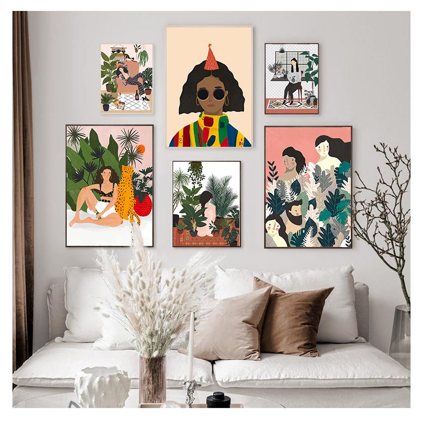 

Тигровые листья, настенная живопись на холсте, плакаты на скандинавскую тему и принты, настенная картина для декора гостиной, абстрактная мода, винтажная девушка