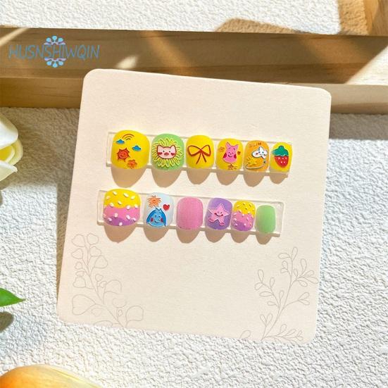 12Pcs Kids Cartoon False Nails - Cute Christmas Themed Pattern, Embossed Press On Nails, Self-adhesive Fake Nails DIY Art