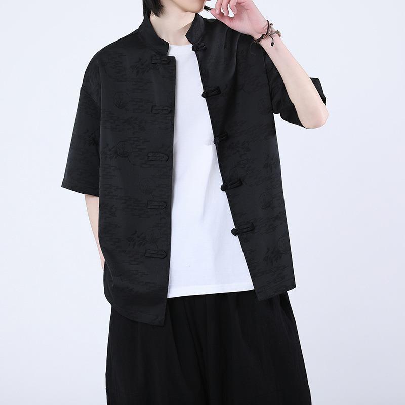 Camisa casual de manga corta fina de talla grande con estampado chino para hombre, estilo chino nuevo