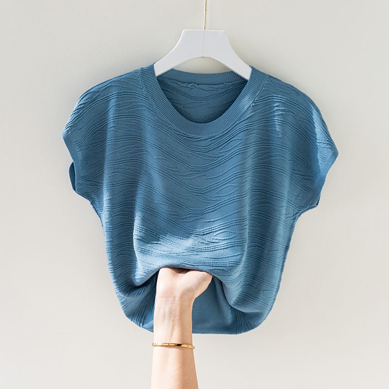 Top de Verão Seda Gelo Camiseta Feminina Manga Curta Solta Grande Manga Morcego Camisa Tricotada