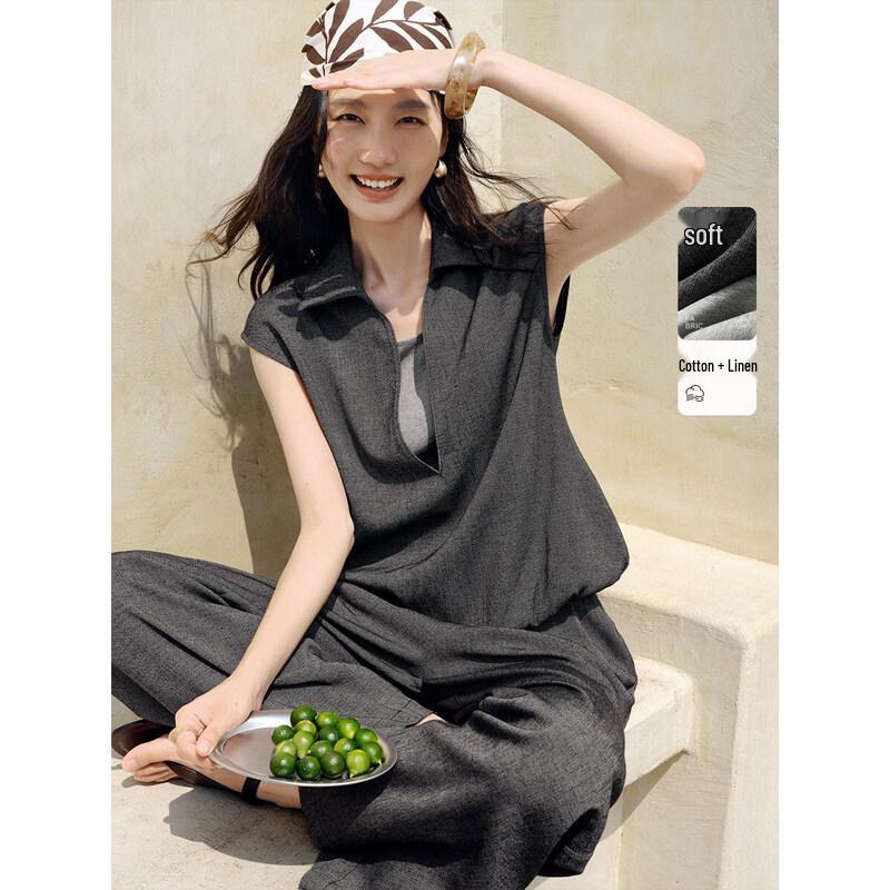 XWI Linen-Blend Faux Two-Piece Shirt & Pants Set L