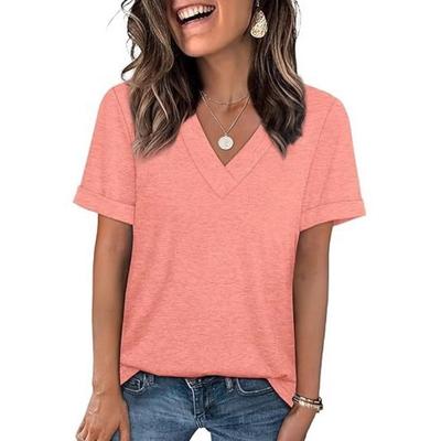 T-shirts décontractés polyvalents à manches courtes pour femmes, couleur unie, col en V, nouveautés printemps-été pour le commerce extérieur transfrontalier européen et américain, en stock
