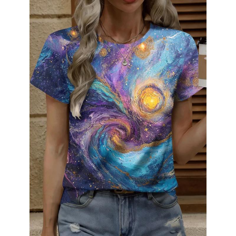 Fashion Women's Crew Neck Short Sleeve 3D Casual Color Printing Casual Short Sleeve Crew Neck T-Shirt