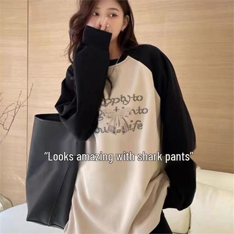 

Бархатная женская футболка свободного кроя с длинным рукавом - Толстый модный базовый топ средней длины 2XL (145-155 jin)