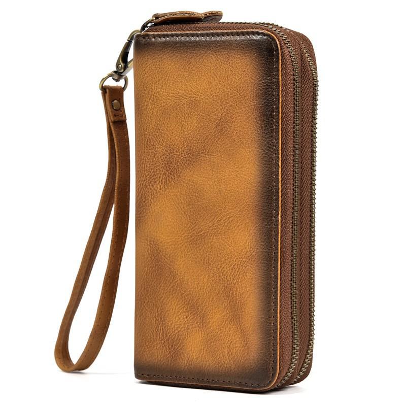 Men's Crazy Horse Leather Long Wallet Genuine Double Zipper Multi-Card Cowhide Clutch Large Capacity Phone Bag