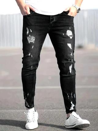 New Casual Ripped Jeans Men'S Trend Elastic Washed Small Feet Slim-Fit Pants