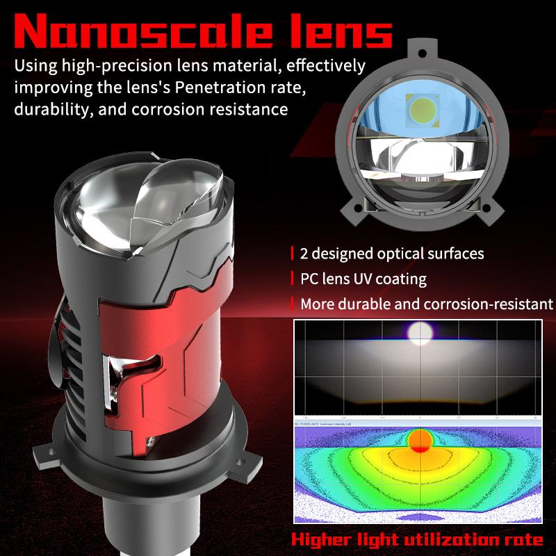 2Pcs Super Bright H4 LED Dual Projector Lens Headlight Bubs Car Motorcycle Canbus 100W 30000LM High Low Beam Light W/ Turbo Moto Lamp LHD 6000K White