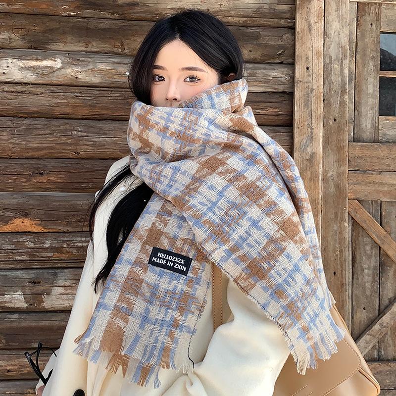 Korean plaid scarf women's autumn and winter new retro thickened warm atmosphere plaid knitted scarf student tide