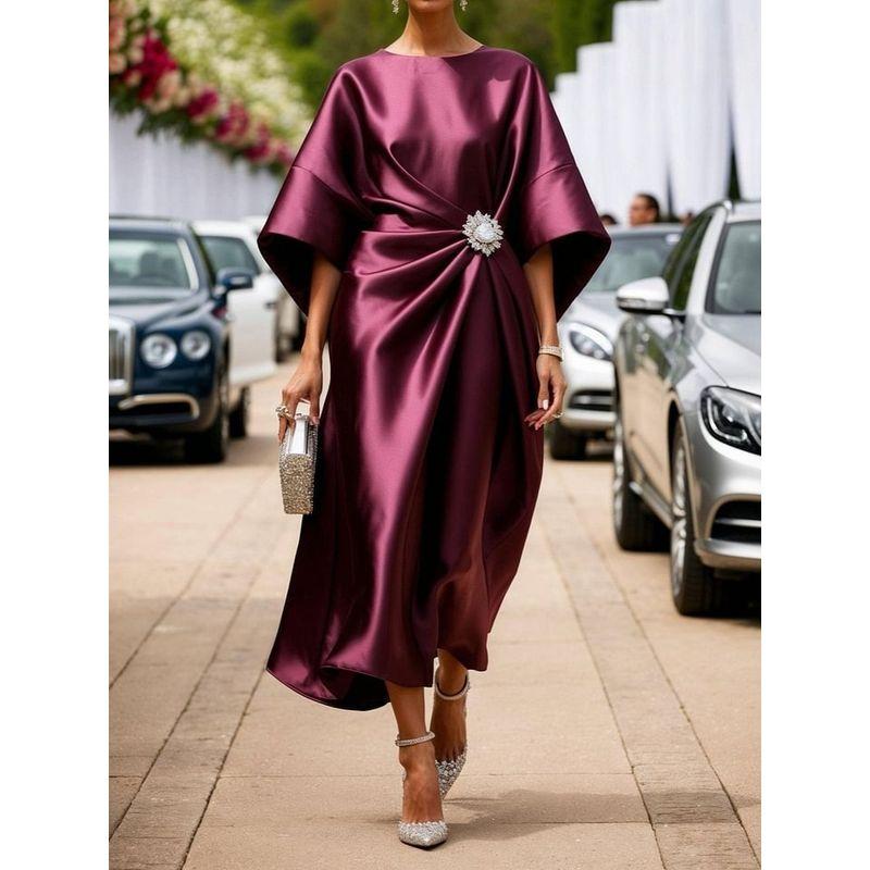 

Женское элегантное атласное стильное платье для работы с цветочной отделкой из бусин Burgundy S