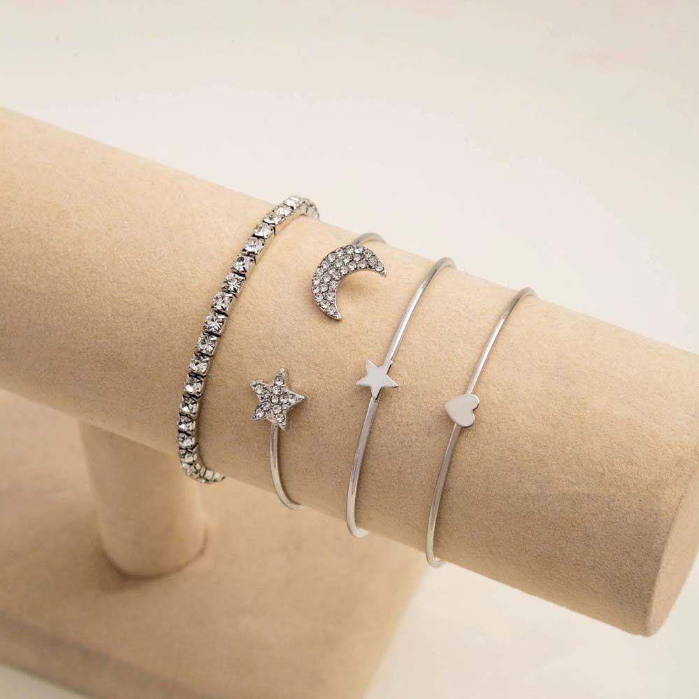 

4Pcs/set Jewelry Accessories Silver Open Bracelet Star Shape Silver Moon Star Bracelet Lady 4Pcs/set